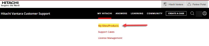Hitachi Vantara My Products Menu