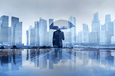 insurance concept, risk in business, businessman with umbrella d